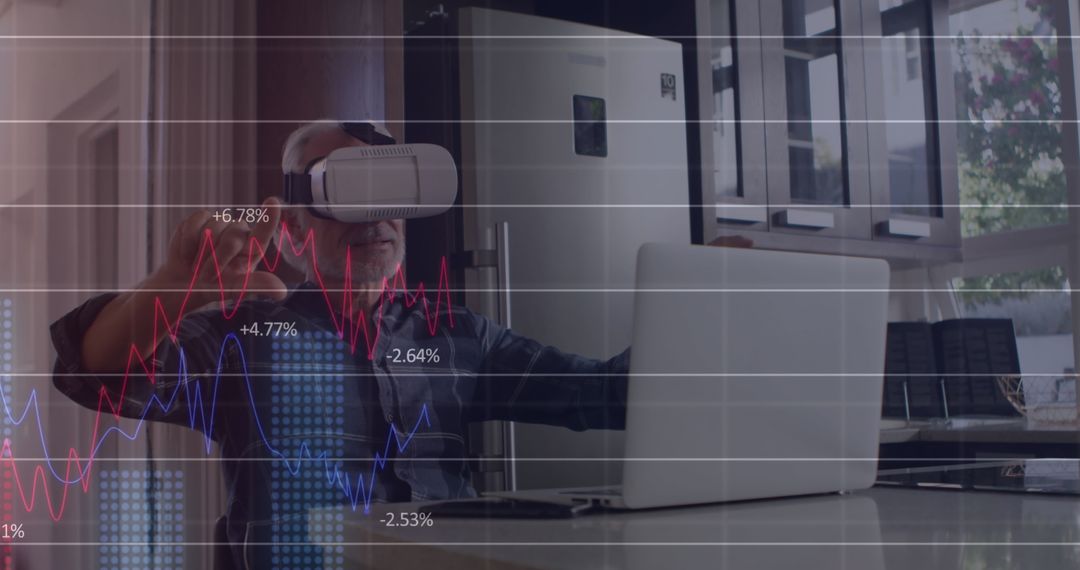 Man Engaged with VR Technology Analyzing Financial Data