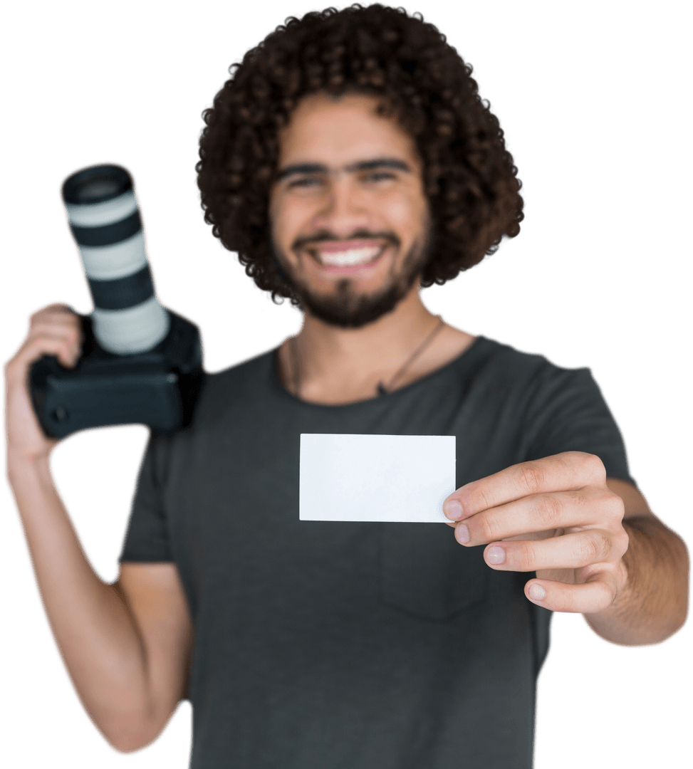 Smiling Photographer Holding Card and Camera on Transparent Background