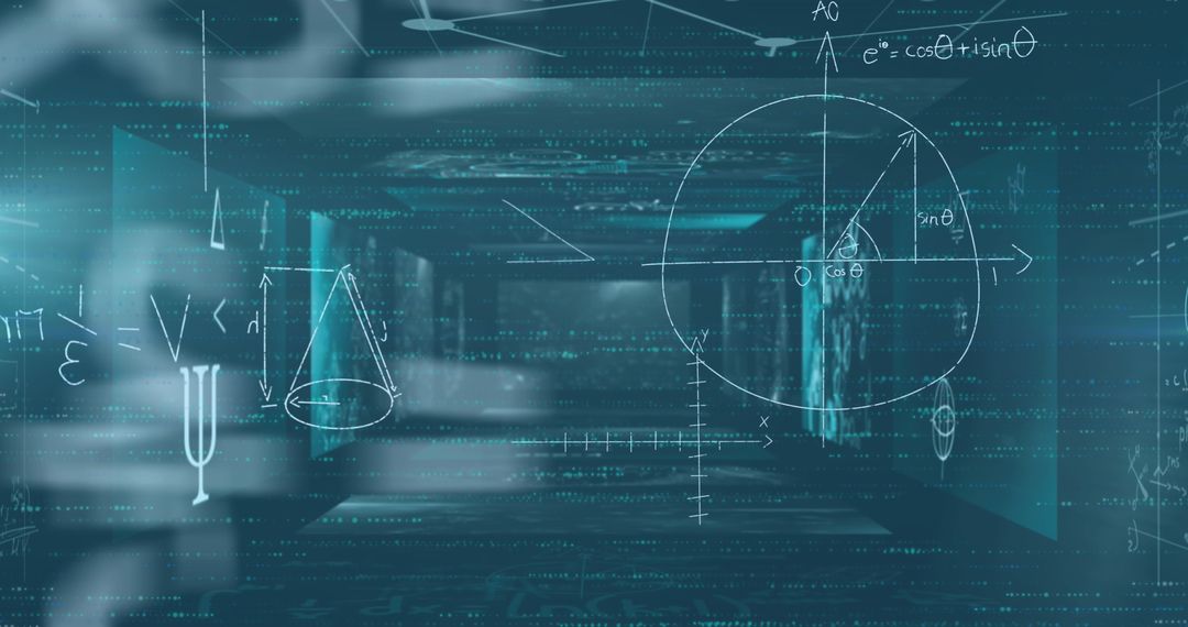 Mathematical Equations Over Digital Screens in Futuristic Interface