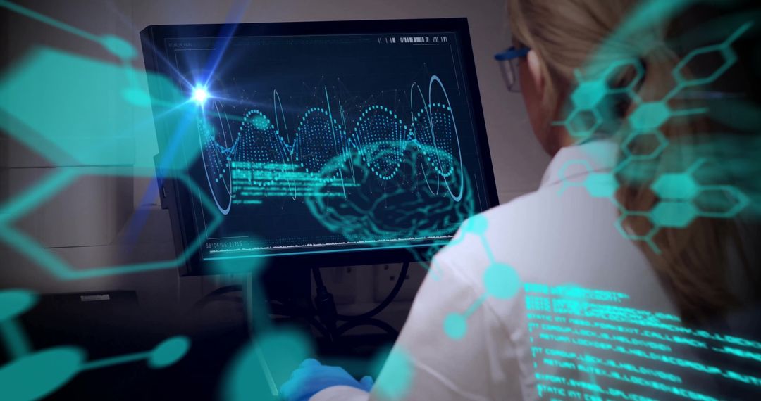 Scientist Analyzing Digital Medical Data with Futuristic Holographic Interface