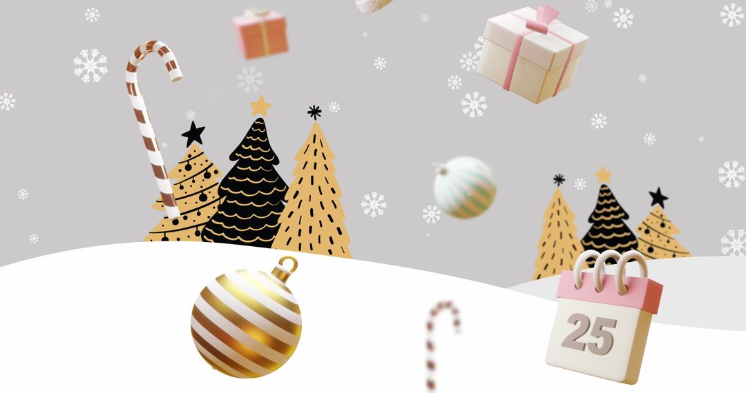 Festive Christmas Scene with Gifts, Calendar, and Snowy Trees