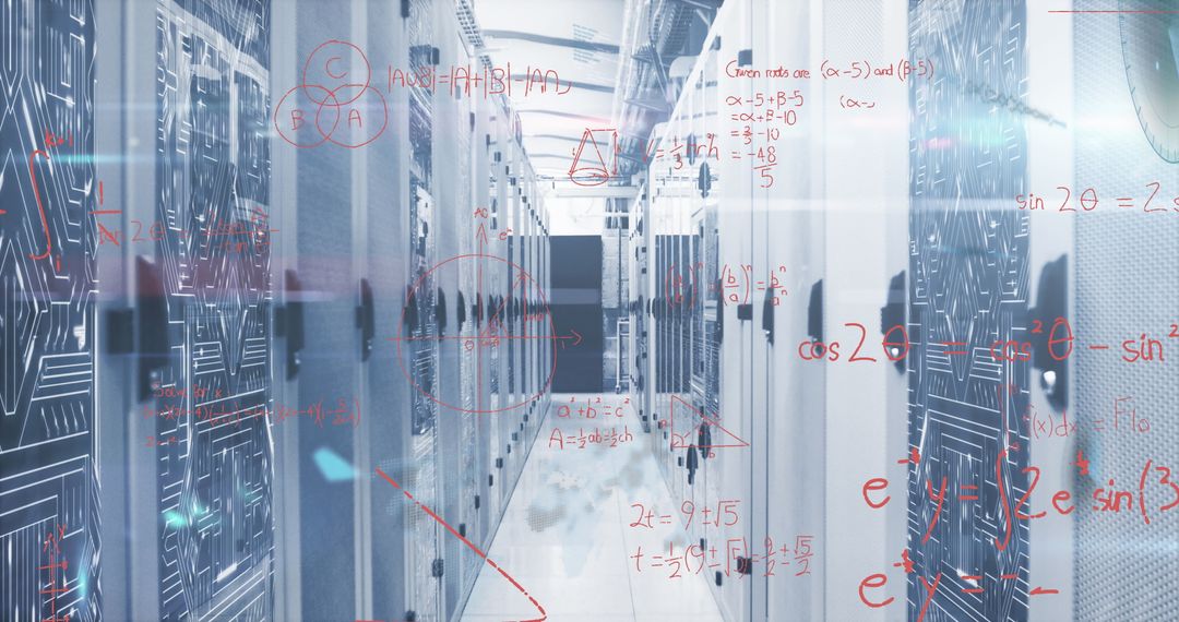 Surreal Data Center Aisle With Mathematical Formula Overlay