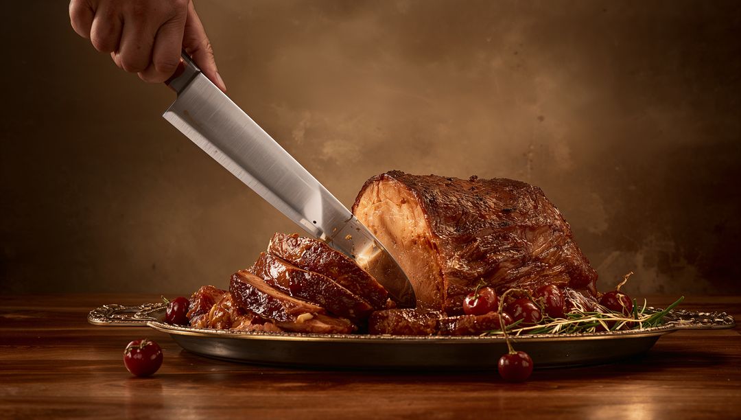 Carving Glazed Roast Beef with Cherries and Rosemary on Rustic Serving Platter