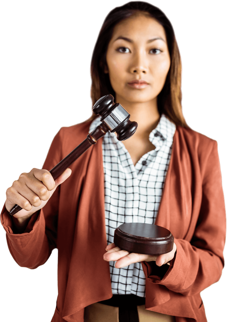Businesswoman Holding Gavel with Transparent Background