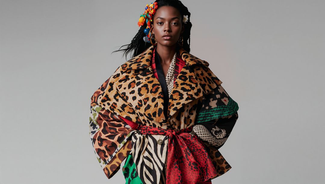 Black Model Posing Wearing Oversized Patchwork Animal-Print Coat with Braids, Hoops