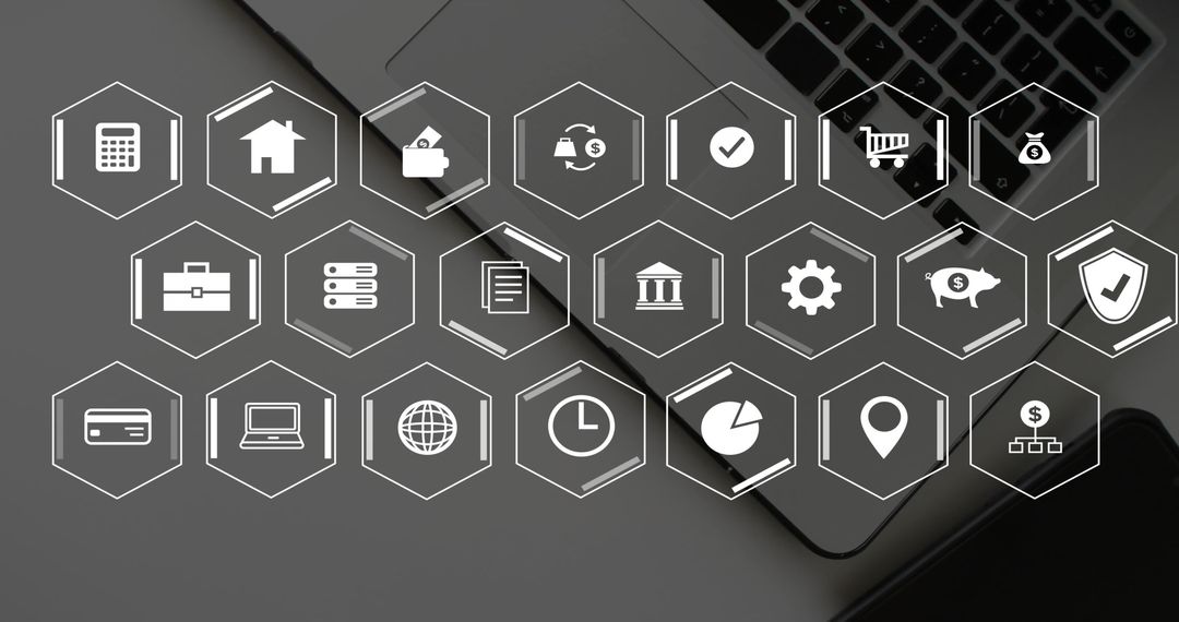 Digital Business Icons Overlay on Laptop Keyboard