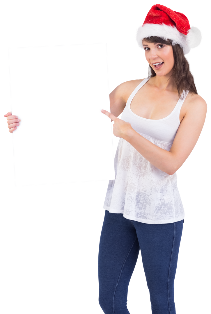 Smiling Woman in Santa Hat Holding Blank Transparent Poster Board - Download Free Stock Images Pikwizard.com