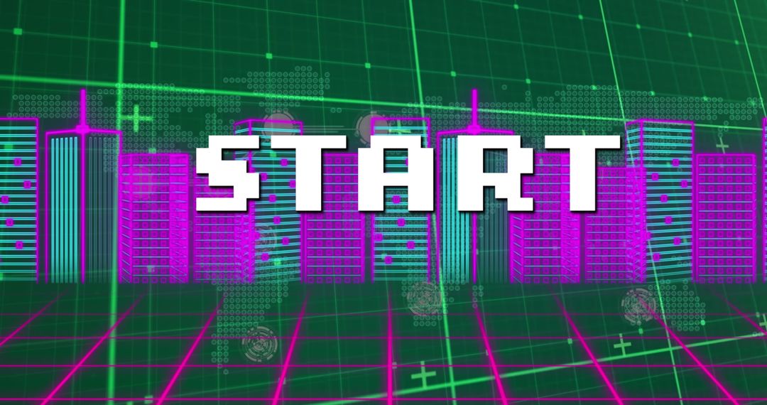 Retro Futuristic Start Screen with Digital Cityscape