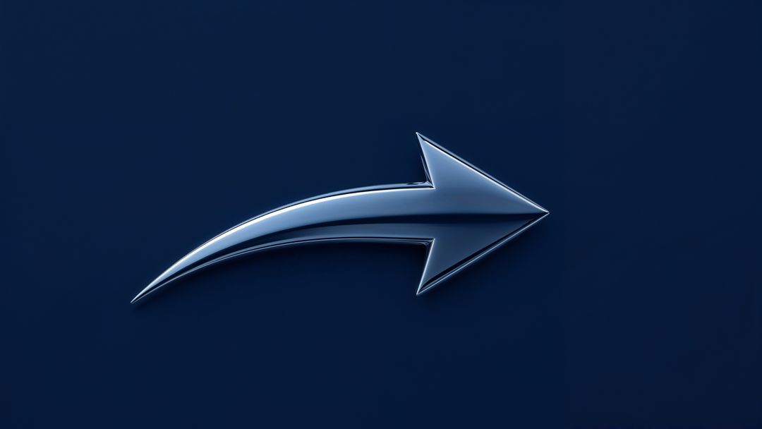Sleek metallic curved arrow with gradient on dark blue background