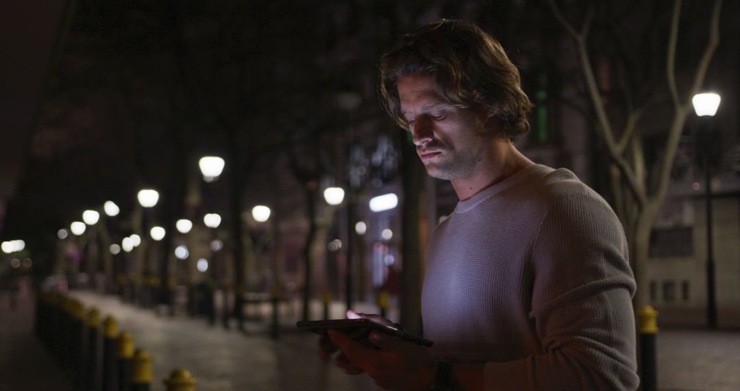 Man Using Tablet on City Street At Night - Free Images, Stock Photos and Pictures on Pikwizard.com