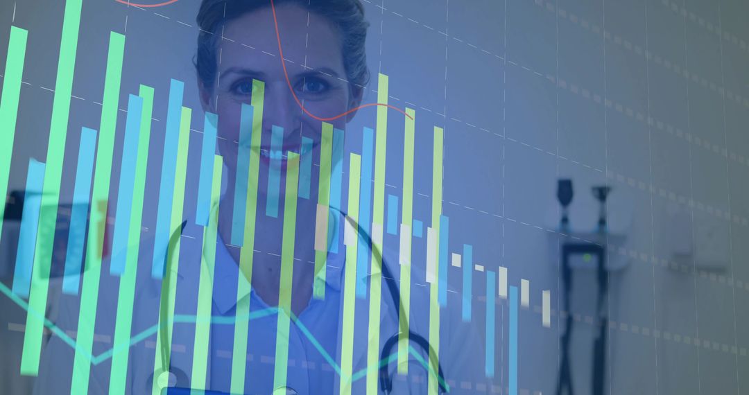 Female Clinician with Stethoscope and Data Visualization Overlay for Medical Analytics
