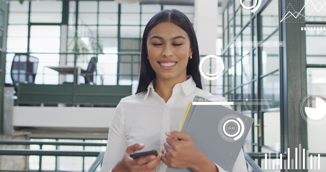 Smiling Businesswoman Embraces Technology in Modern Office