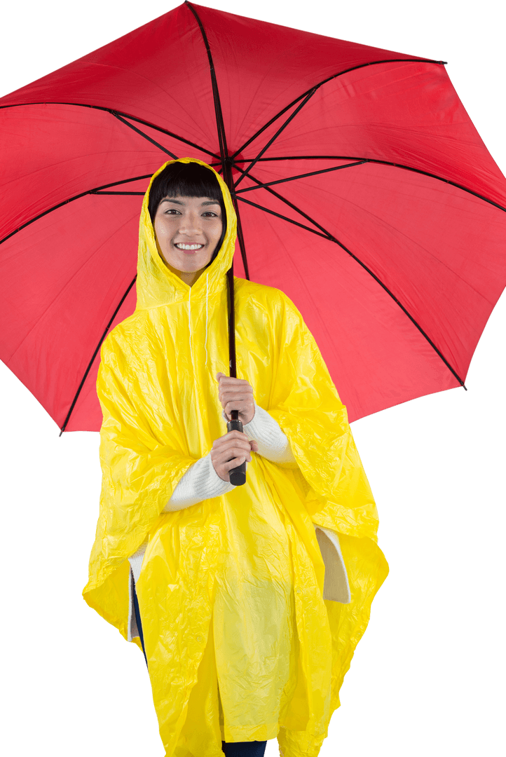 Smiling Woman in Transparent Yellow Raincoat with Red Umbrella Outdoors