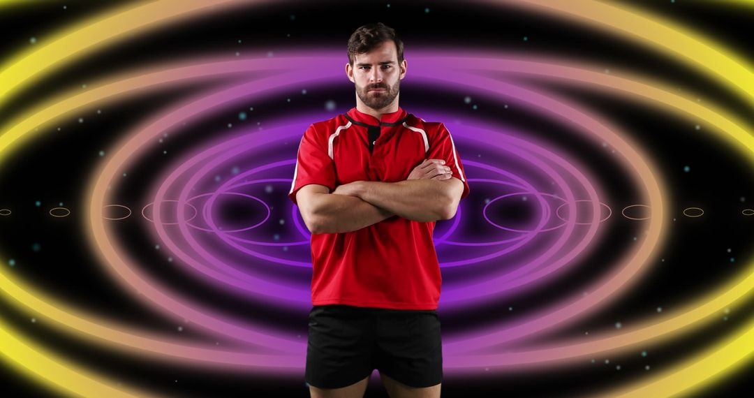 Confident American Football Player with Dynamic Digital Background