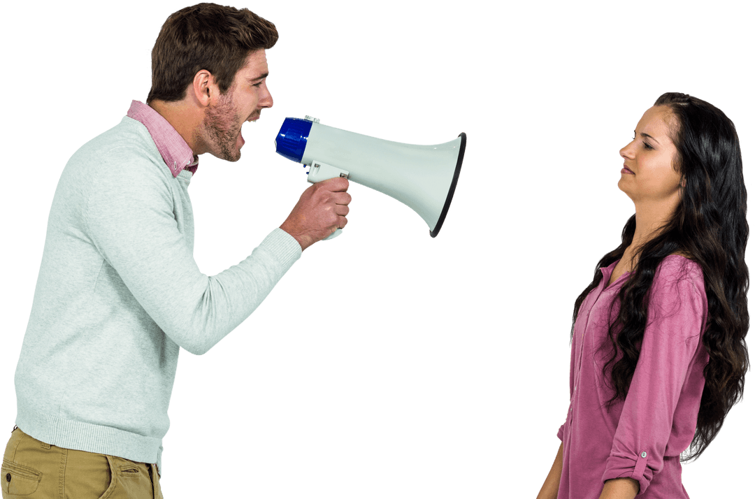 Transparent Image of Man Shouting at Woman with Megaphone