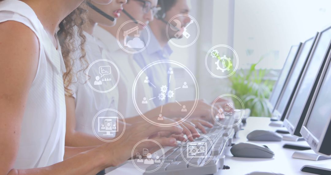 Call Center Professionals Collaborating with Virtual Interface Icons