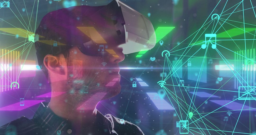 Man Exploring Virtual Reality in Futuristic Digital Interface