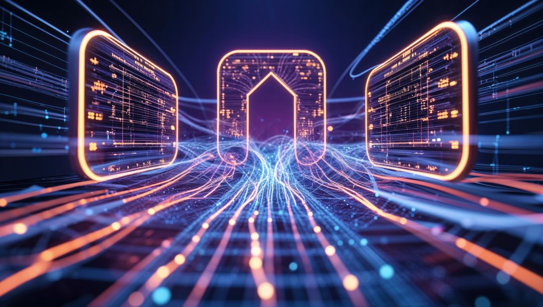 Converging Data Streams Leading to Glowing Portals in Futuristic Realm