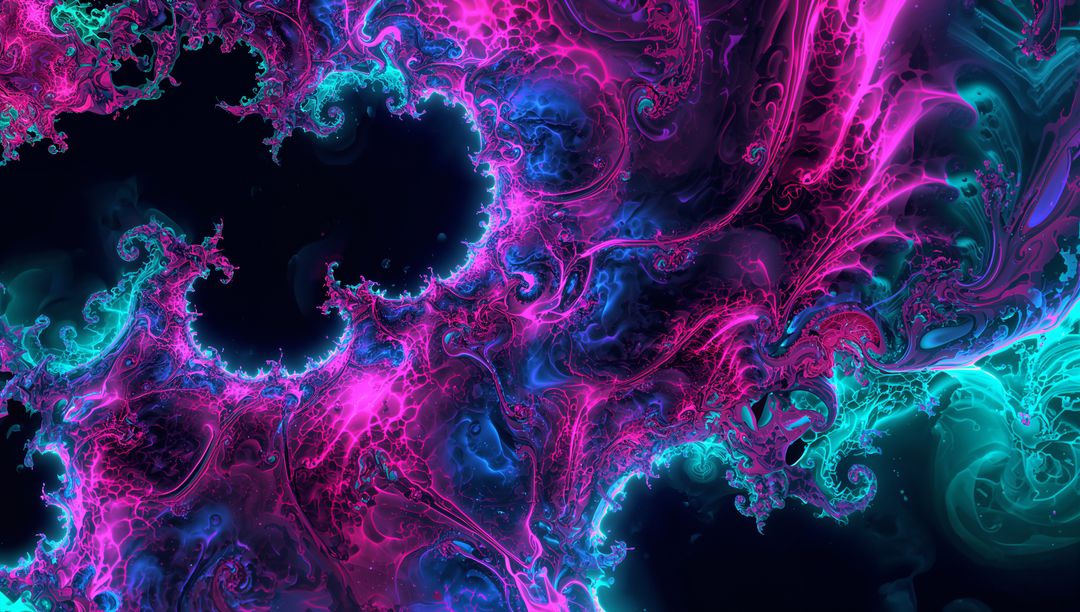 Swirling Neon Fractal with Glowing Tendrils and Dark Void Depths in Pink Cyan