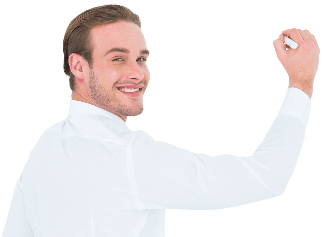 Cheerful Businessman Writing with Transparent Confidence