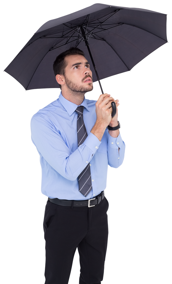 Transparent anxious businessman holding umbrella indoors - Download Free Stock Images Pikwizard.com