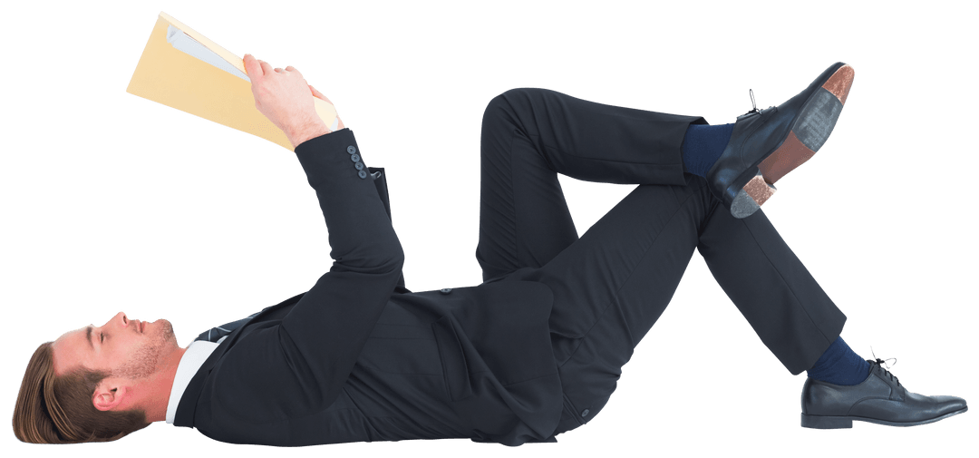 Transparent Relaxed Businessman Lying Down Reading Document