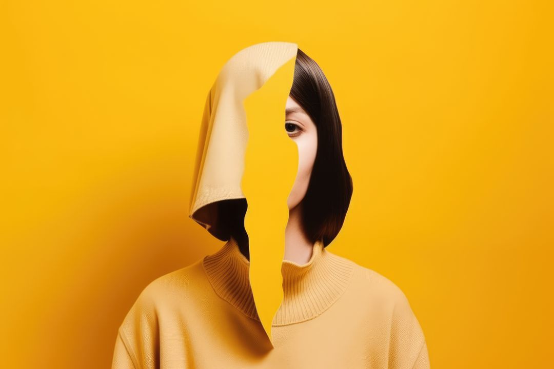 Woman with face covered by yellow paper on yellow background, created using generative ai technology - Free Images, Stock Photos and Pictures on Pikwizard.com