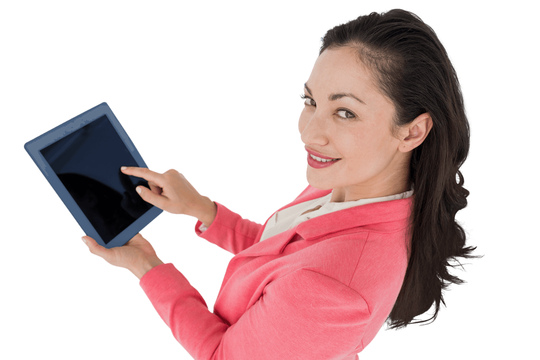 Smiling Businesswoman Using Tablet with Transparent Background