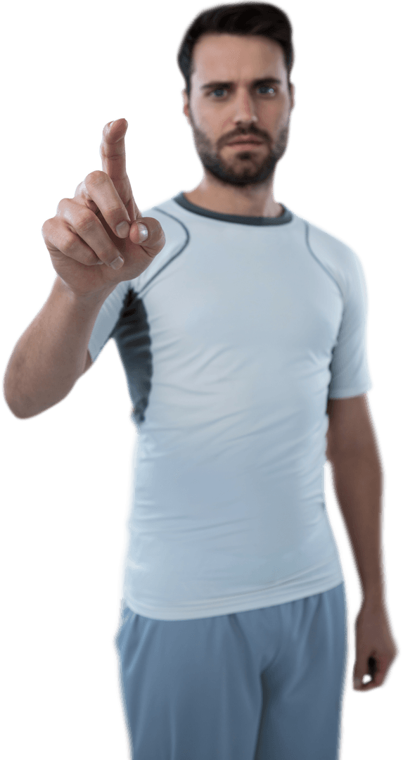 Man Gesturing to Transparent Interface in Sportswear
