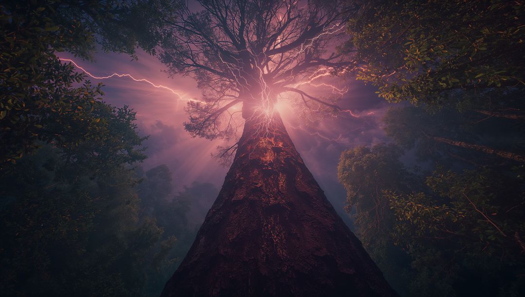Glowing Ancient Tree with Purple Aura in Mystical Forest