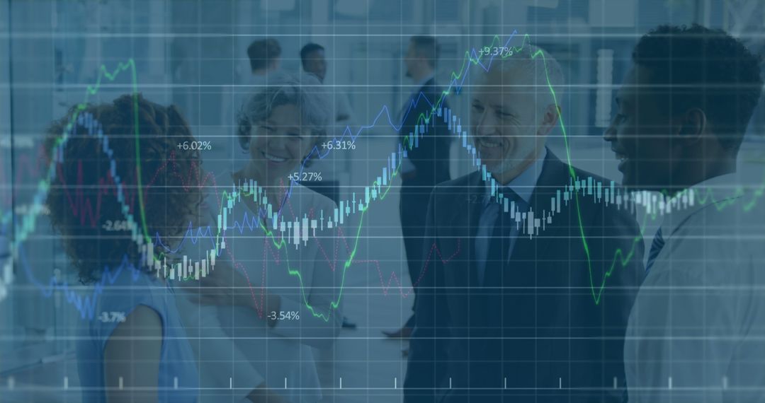 Business Group Analyzing Financial Graphs Overlay