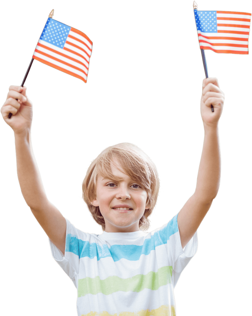 Caucasian Boy Holding American Flags on Transparent Background