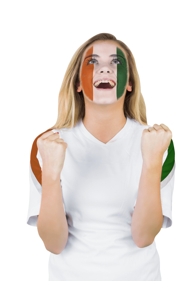 Ivory Coast Fan Celebrating with Flag Face Paint on Transparent Background