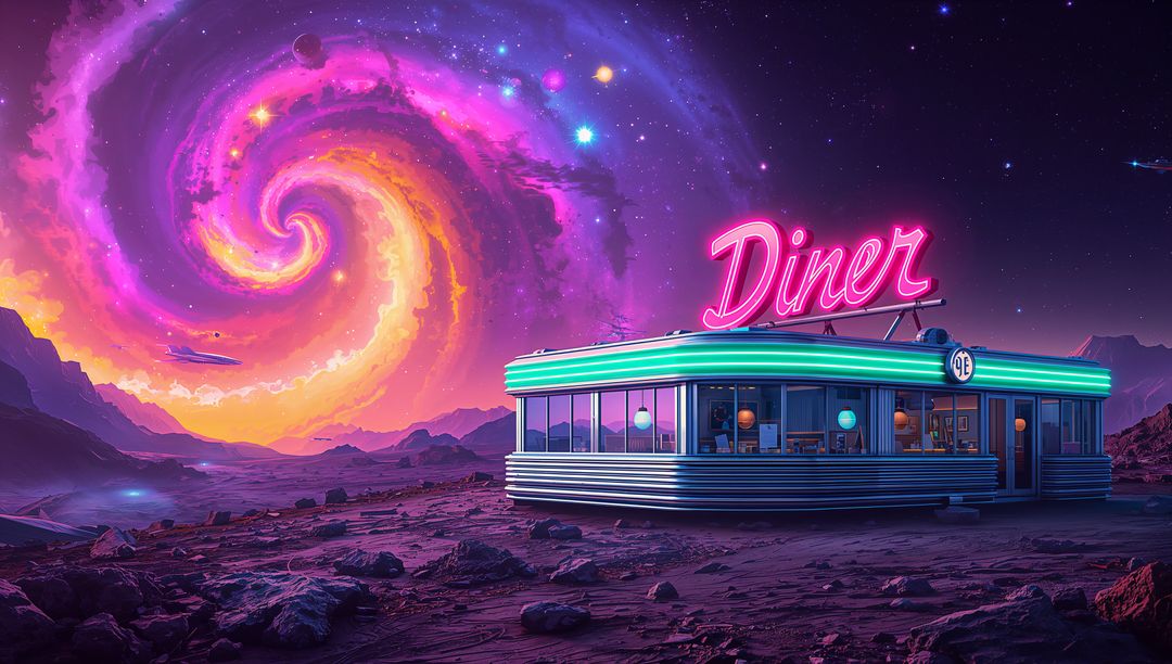 Retro Futuristic Diner Under Cosmic Vortex