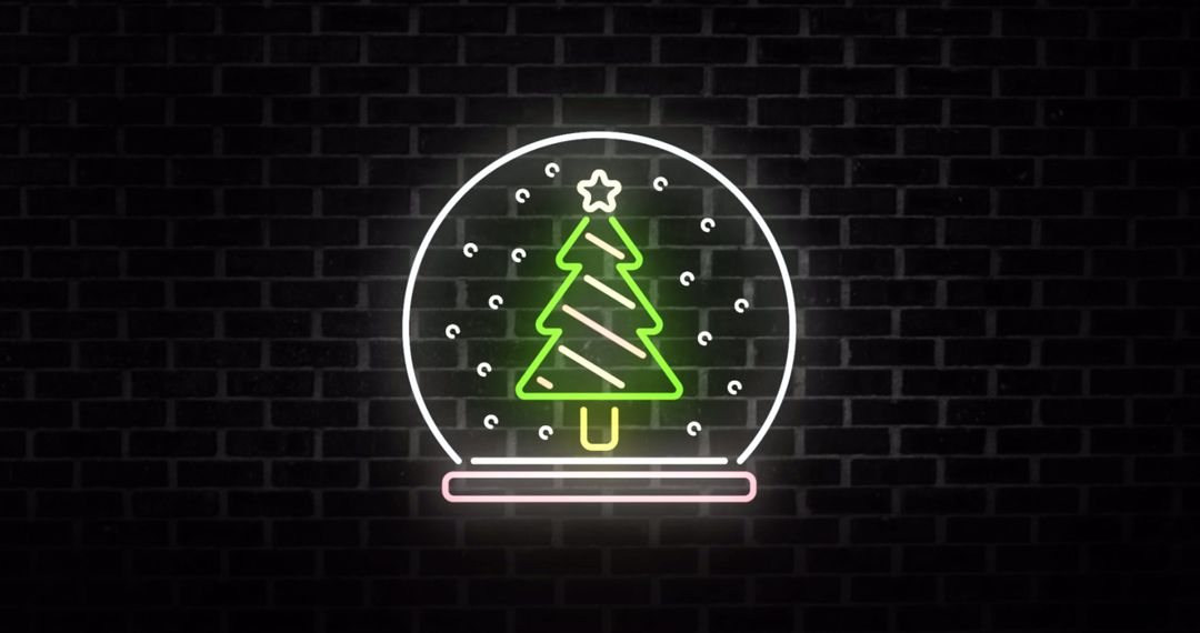 Neon Christmas Tree in Snow Globe on Black Background