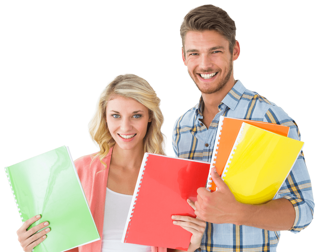 Smiling Young Couple Holding Notebooks on Transparent Background