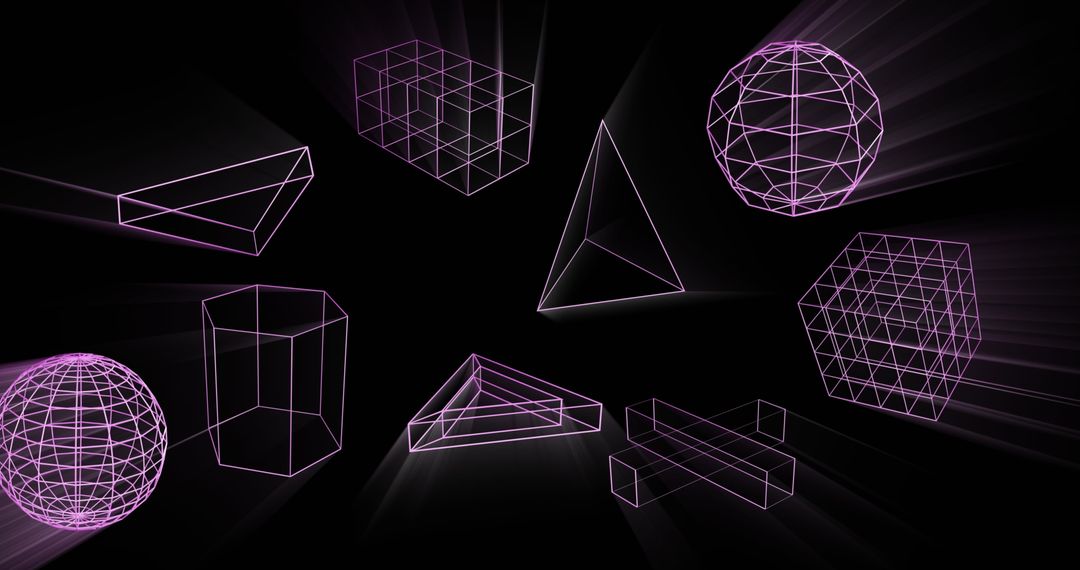 Glowing Wireframe 3D Shapes on Black Background