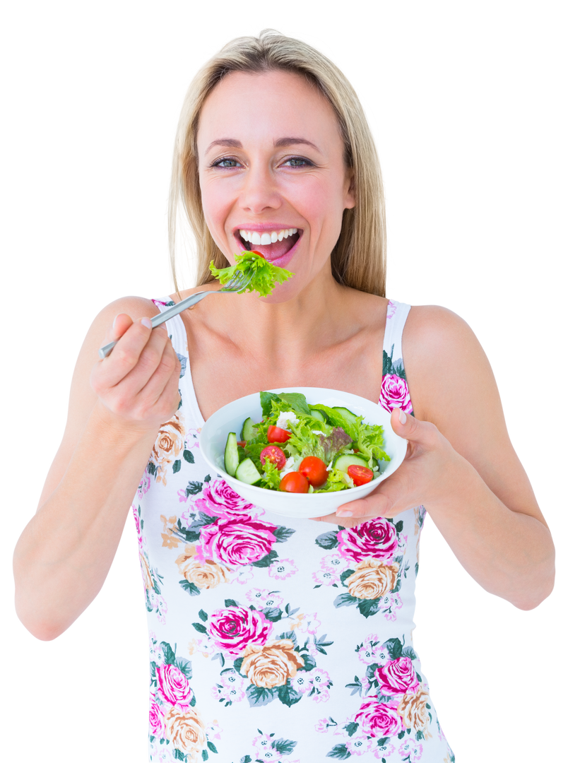 Smiling Woman Eating Bowl of Fresh Salad Transparent Background - Download Free Stock Images Pikwizard.com