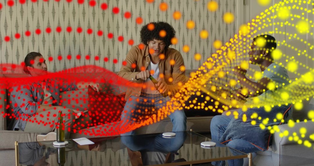 Three men relaxing on sofa popping bottle using laptop with colorful soundwave overlay