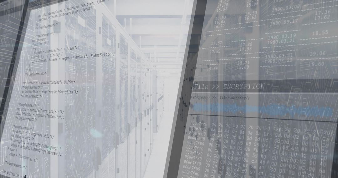 Data Center Corridor with Code Overlay for Digital Technology Concept