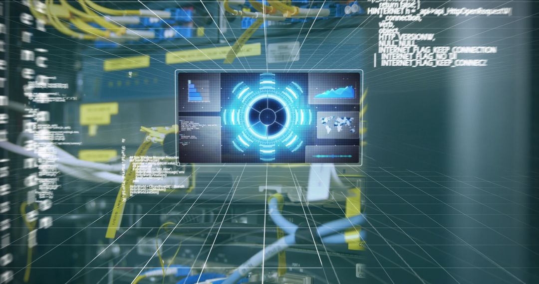 Futuristic Digital Interface Display in Data Center