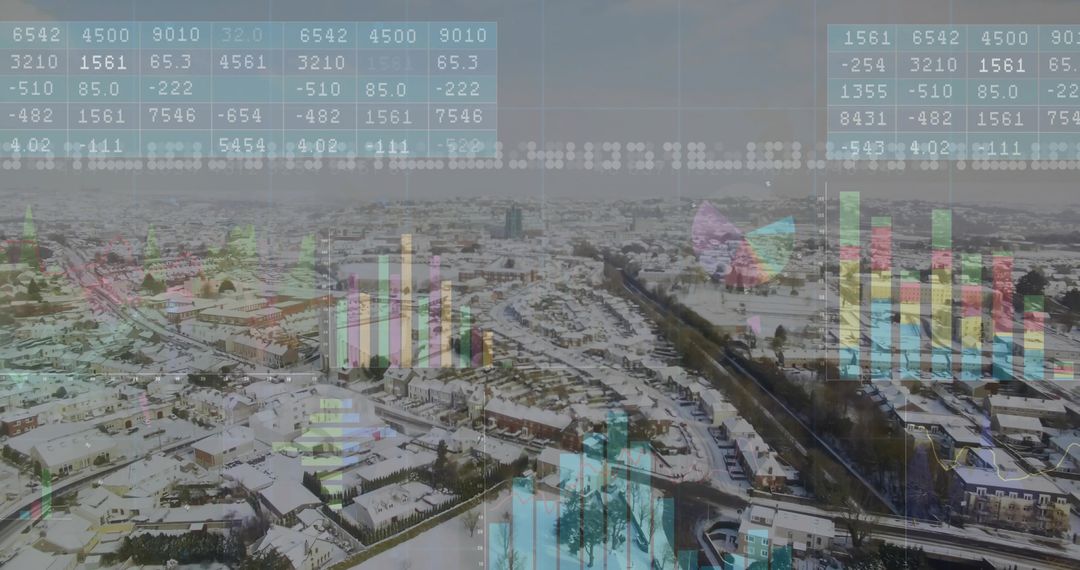 Data Visualization Overlay on Snowy Urban Suburb Aerial View
