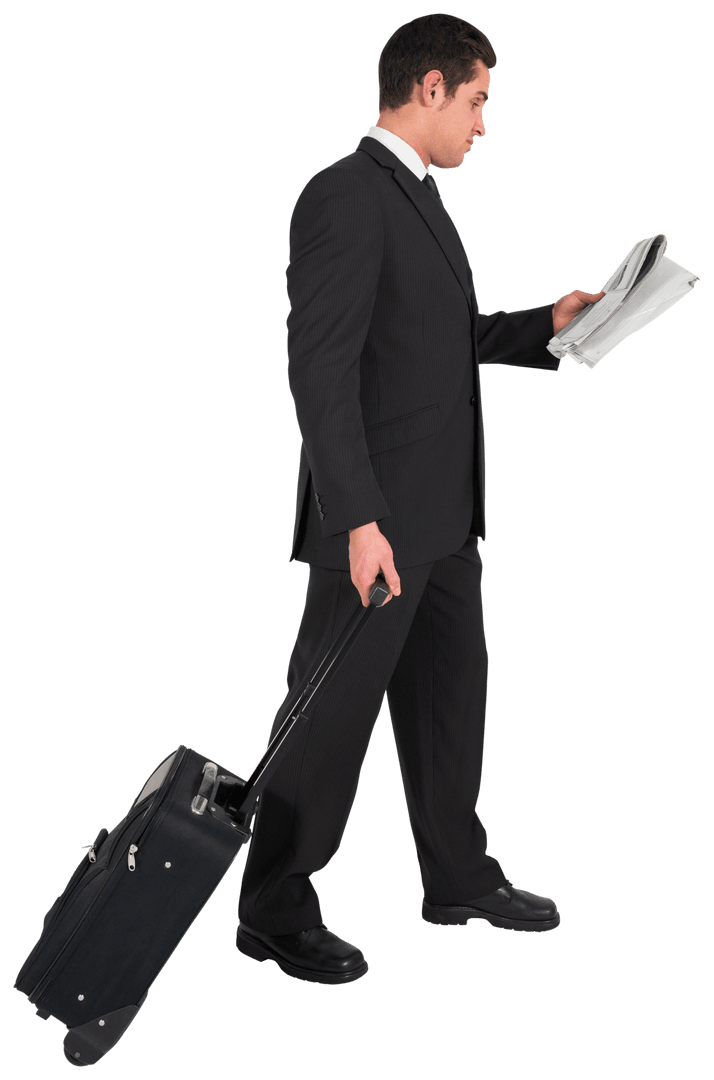 Transparent Businessman Suitcase Reading Newspaper