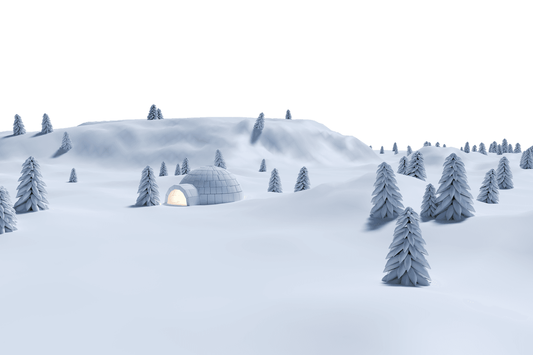 Illuminated Igloo with Pine Trees on Snowy Transparent Background