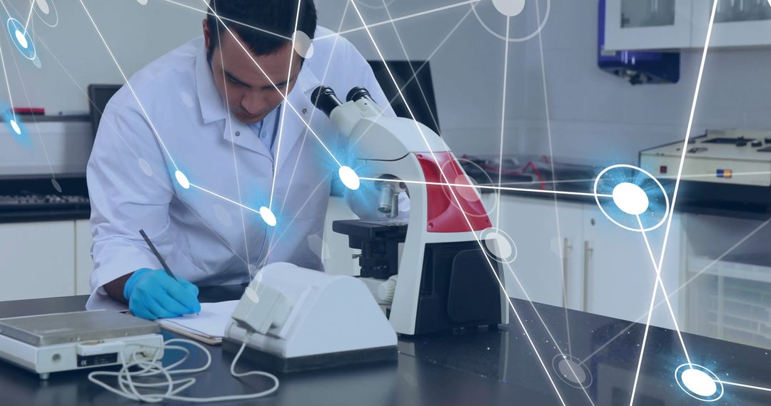 Scientist Analyzing Data with Microscope and Network Overlay