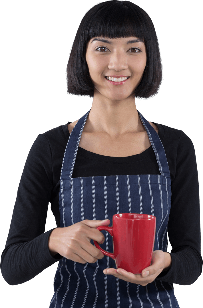 Transparent Portrait of Waitress with Red Coffee Cup Smiling Brightly