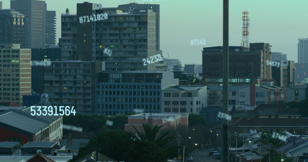 Digital Numbers Overlay on Cityscape View Showcasing Business Technology