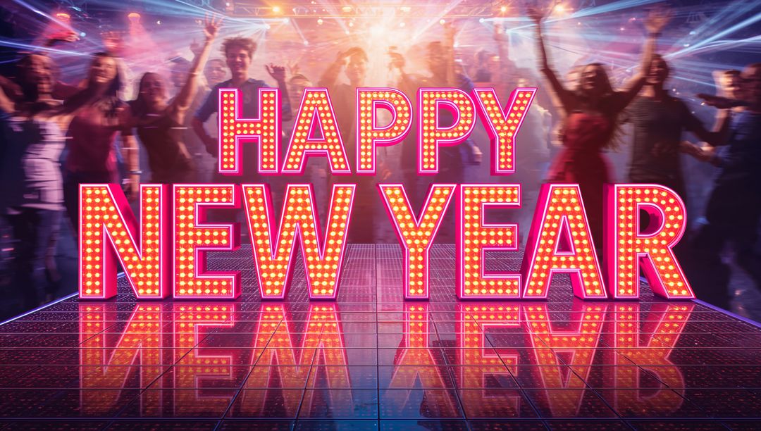 Happy New Year Marquee Lights on Glossy Dance Floor with Dancing Crowd and Laser Beams