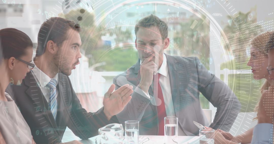 Business Team Collaboration with Digital Interface Overlay