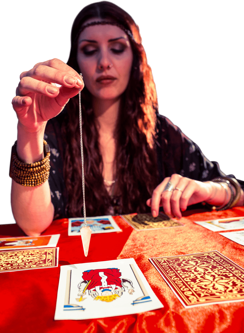 Female Mystic Reading Tarot with Transparent Pendulum